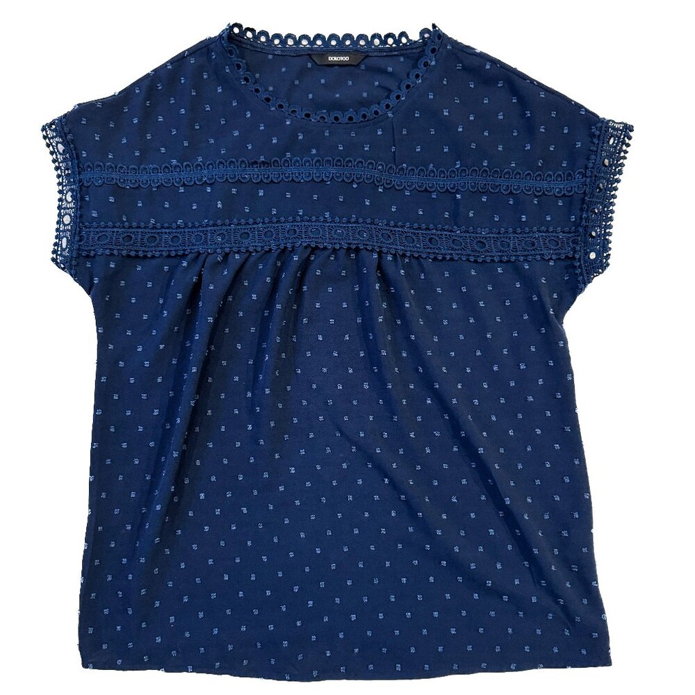 Dokotoo Crewneck Crochet Lace Top Navy Blue Short Sleeved Women's Size Medium